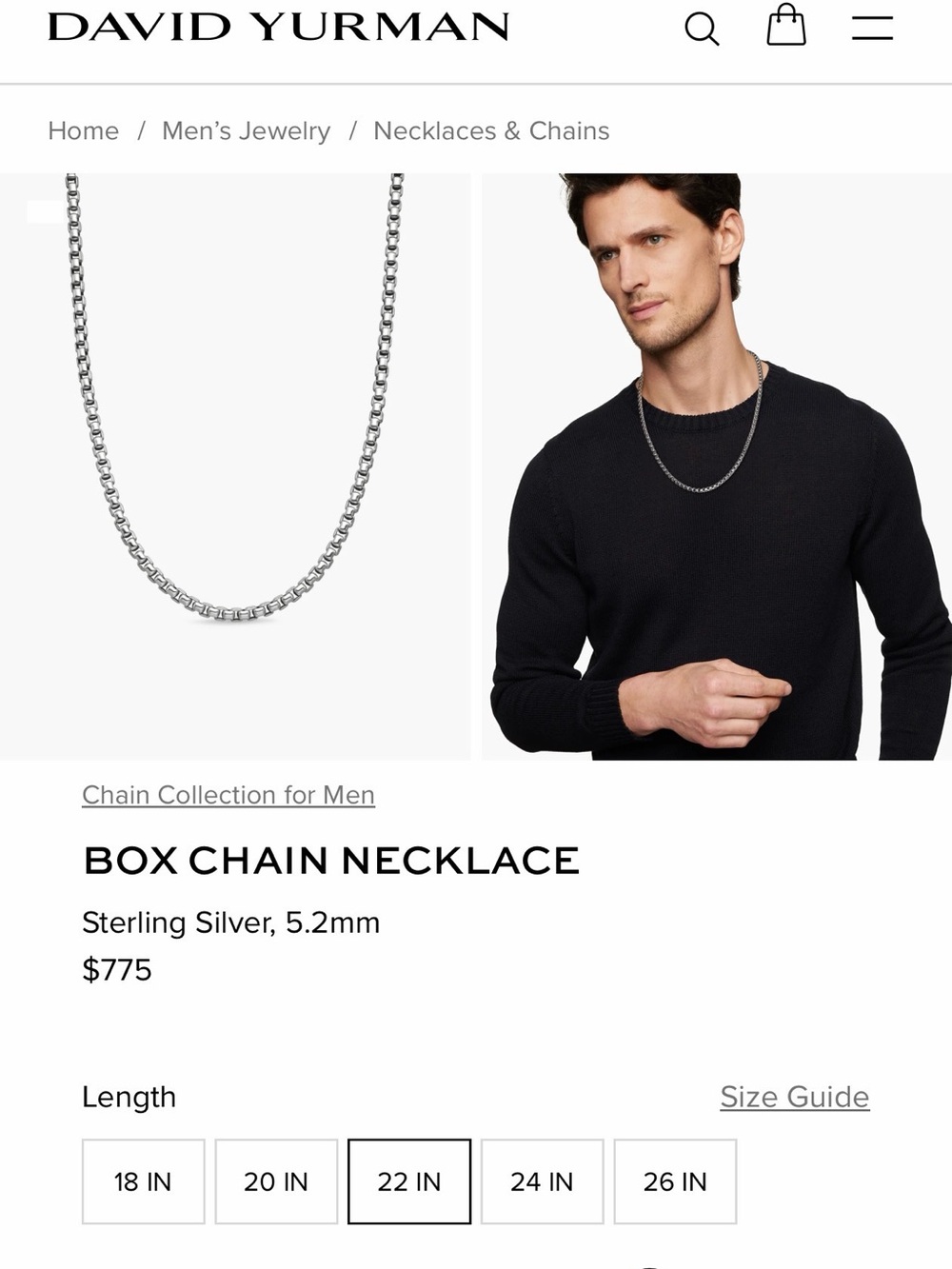 David Yurman Sterling Silver Box Chain Necklace